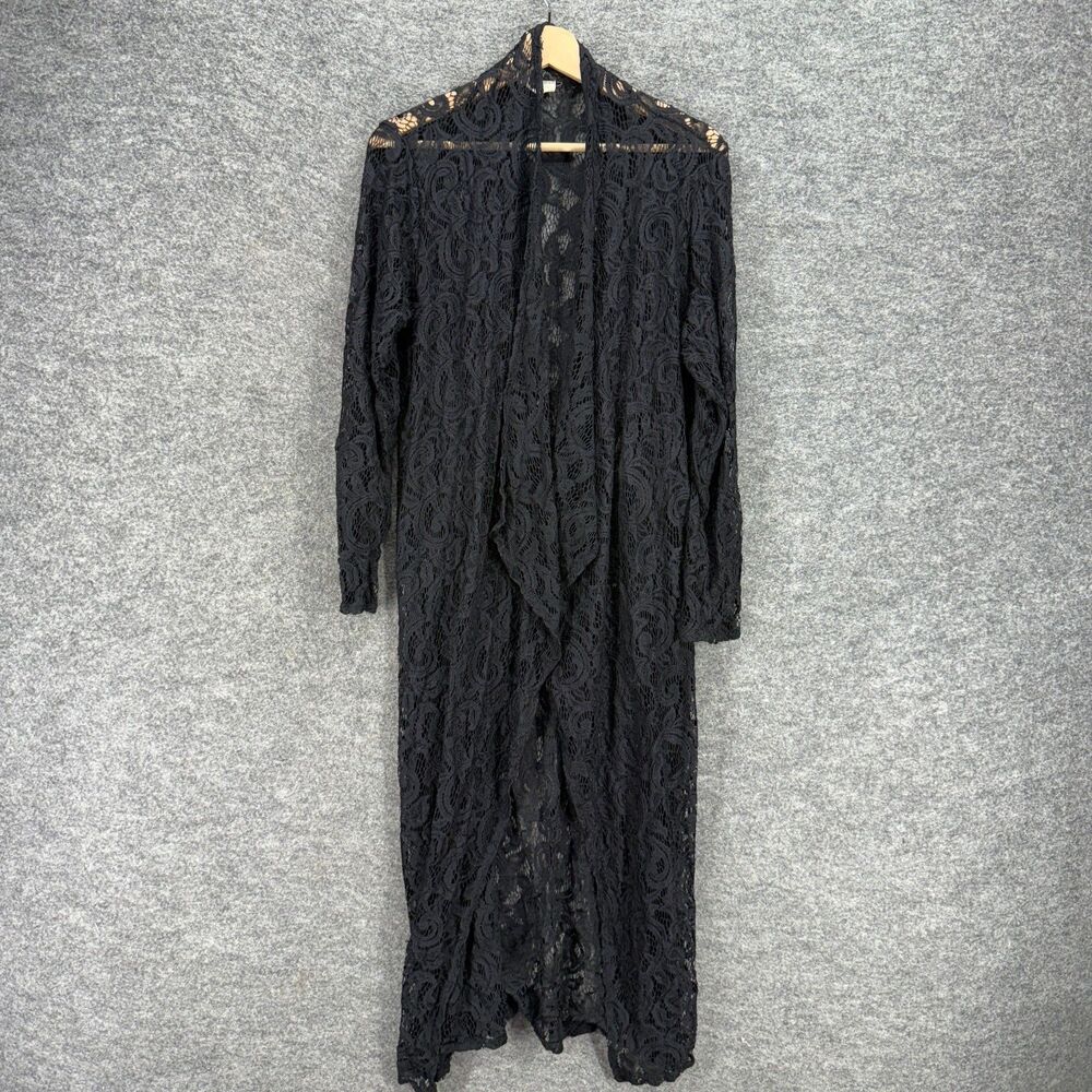 Objex Top Women One Size Black Geometric Crochet Open Front Long Sleeve Casual